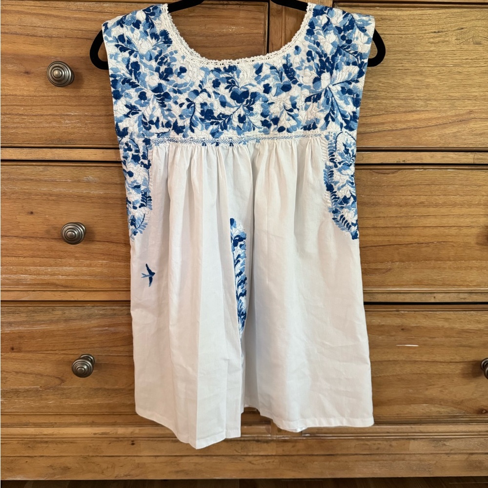 Mi Golondrina Top with Blue Floral Embroidery